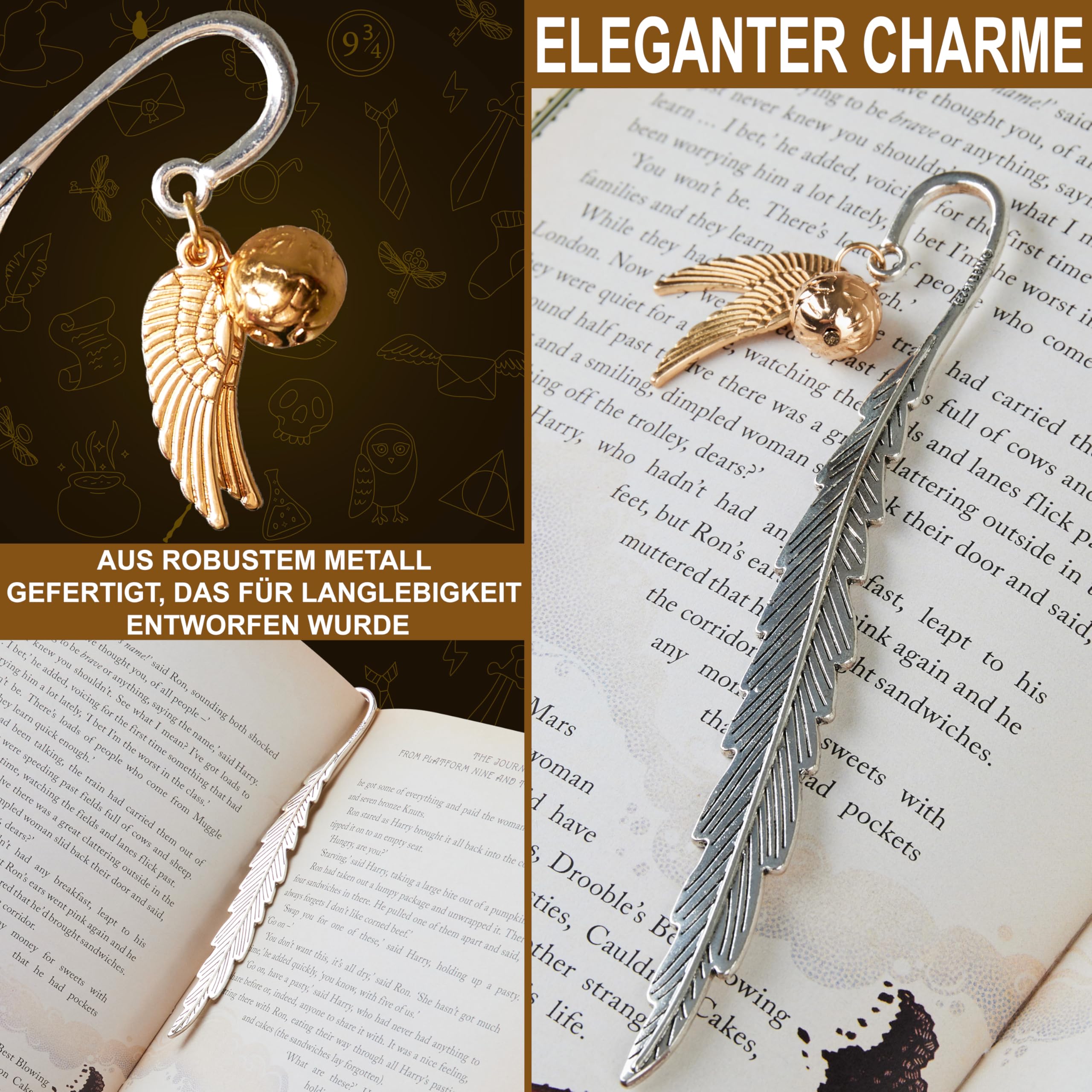 Harry Potter Lesezeichen Metall mit Anhänger, Schön Lesezeichen Kinder, Erwachsene und Lehrer, Magisches Thema Bücher Zubehör, Geschenke für Buchliebhaber (Silber/Gold)