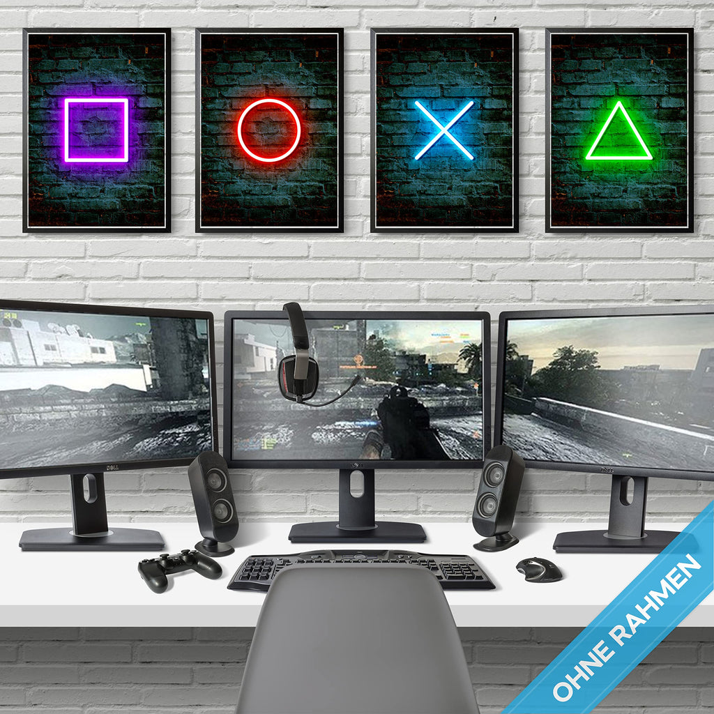 mojoliving Gaming Zimmer Deko Bilder | Poster Wand für Gamer Jugendzimmer | Set mit Neon Sign Motive | Coole Geschenke für Gamer | Zocker Bilder Wand | Neon Wandbild