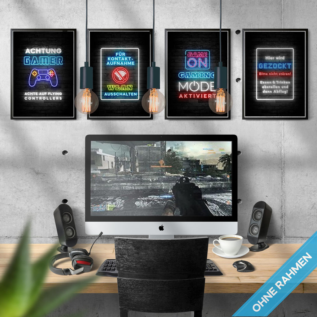 mojoliving Gaming Zimmer Deko Bilder | Poster Wand für Gamer Jugendzimmer | Set mit Neon Sign Motive | Coole Geschenke für Gamer | Zocker Bilder Wand | Neon Wandbild