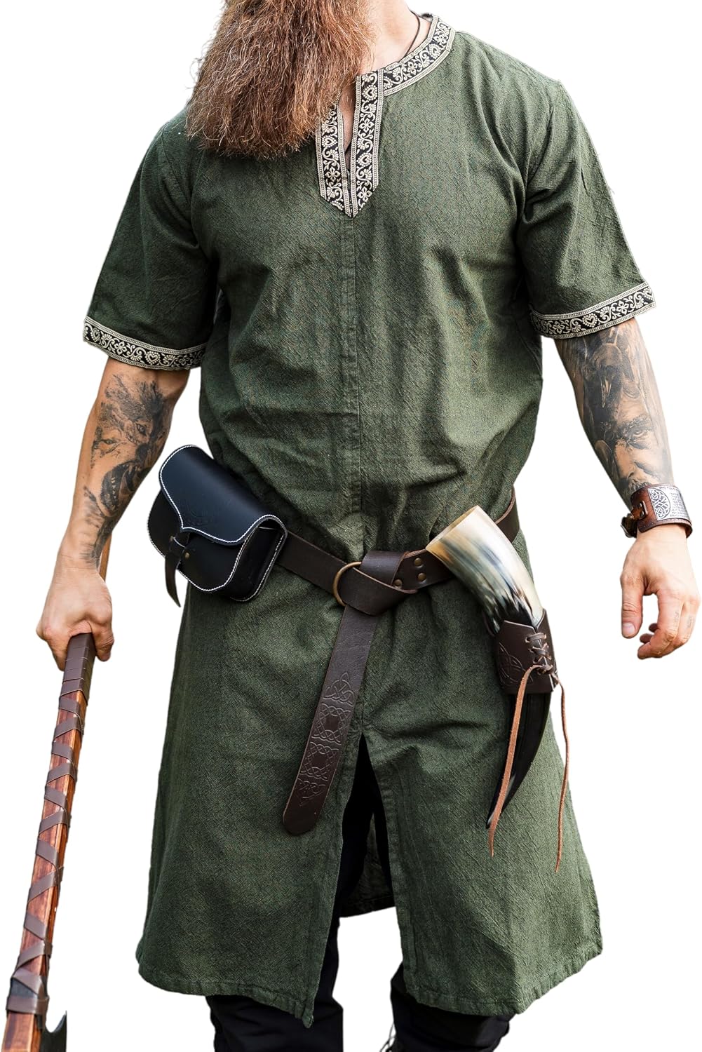Leonardo Carbone® Kurzarm Tunika Richard - Mittelalter Kleidung Herren, Mittelalter Hemd, Freizeithemden Kurzarm, Karneval Kostüm Herren, Wikinger Tunika, LARP Kleidung - 100% Baumwolle Grün XL