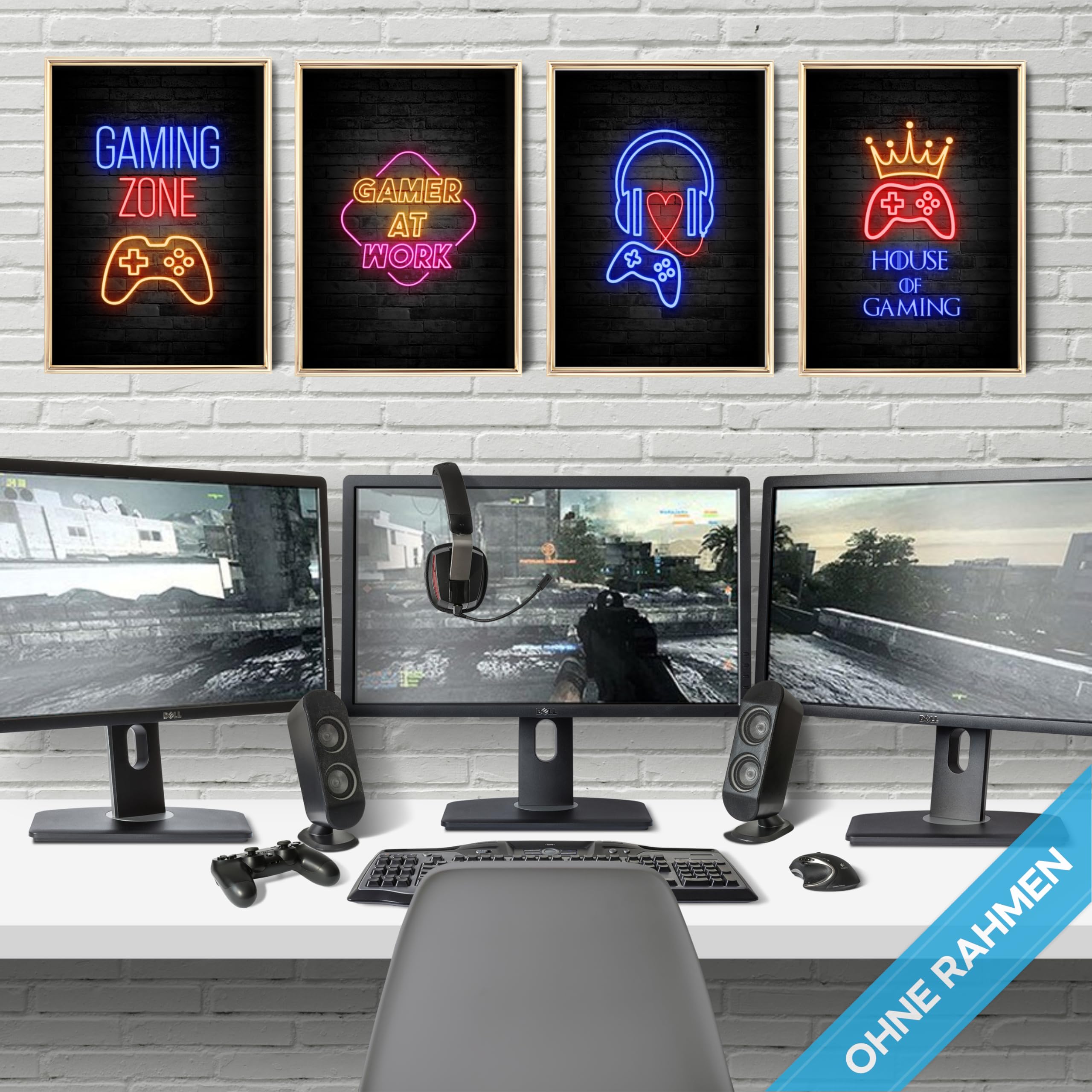 mojoliving Gaming Zimmer Deko Bilder | Poster Wand für Gamer Jugendzimmer | Set mit Neon Sign Motive | Coole Geschenke für Gamer | Zocker Bilder Wand | Neon Wandbild