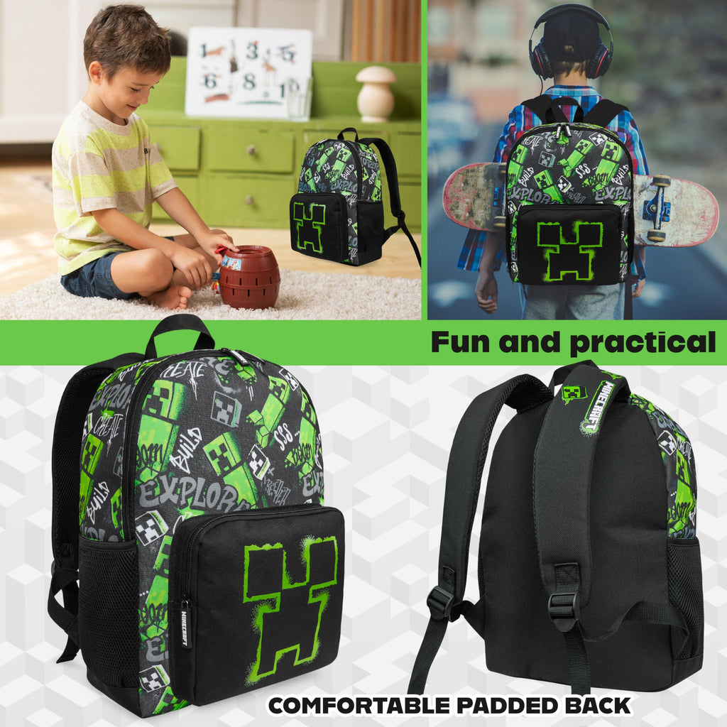 Minecraft Rucksack Kinder Jungen Kinderrucksack Creeper Freizeitrucksack mit Reißverschluss-Fächern für Schulrucksack Schule Sport Alltag