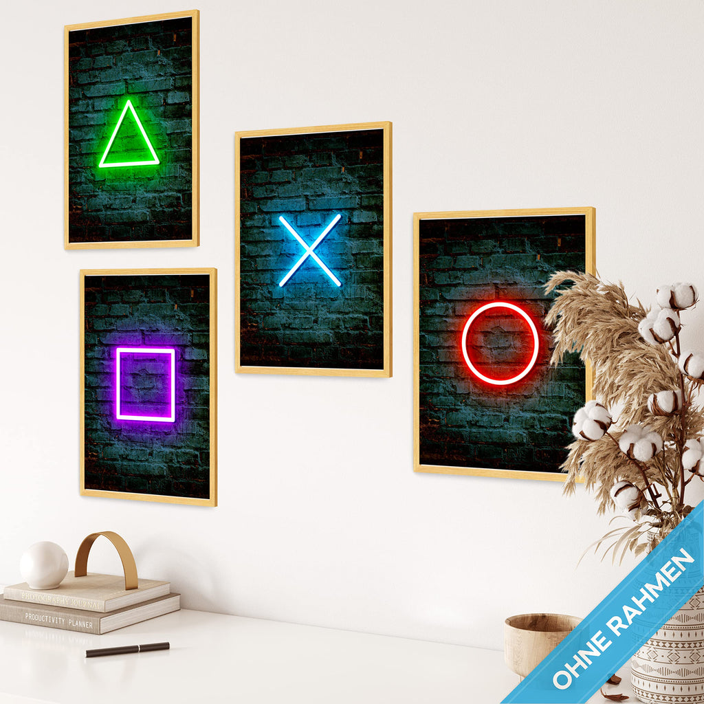 mojoliving Gaming Zimmer Deko Bilder | Poster Wand für Gamer Jugendzimmer | Set mit Neon Sign Motive | Coole Geschenke für Gamer | Zocker Bilder Wand | Neon Wandbild