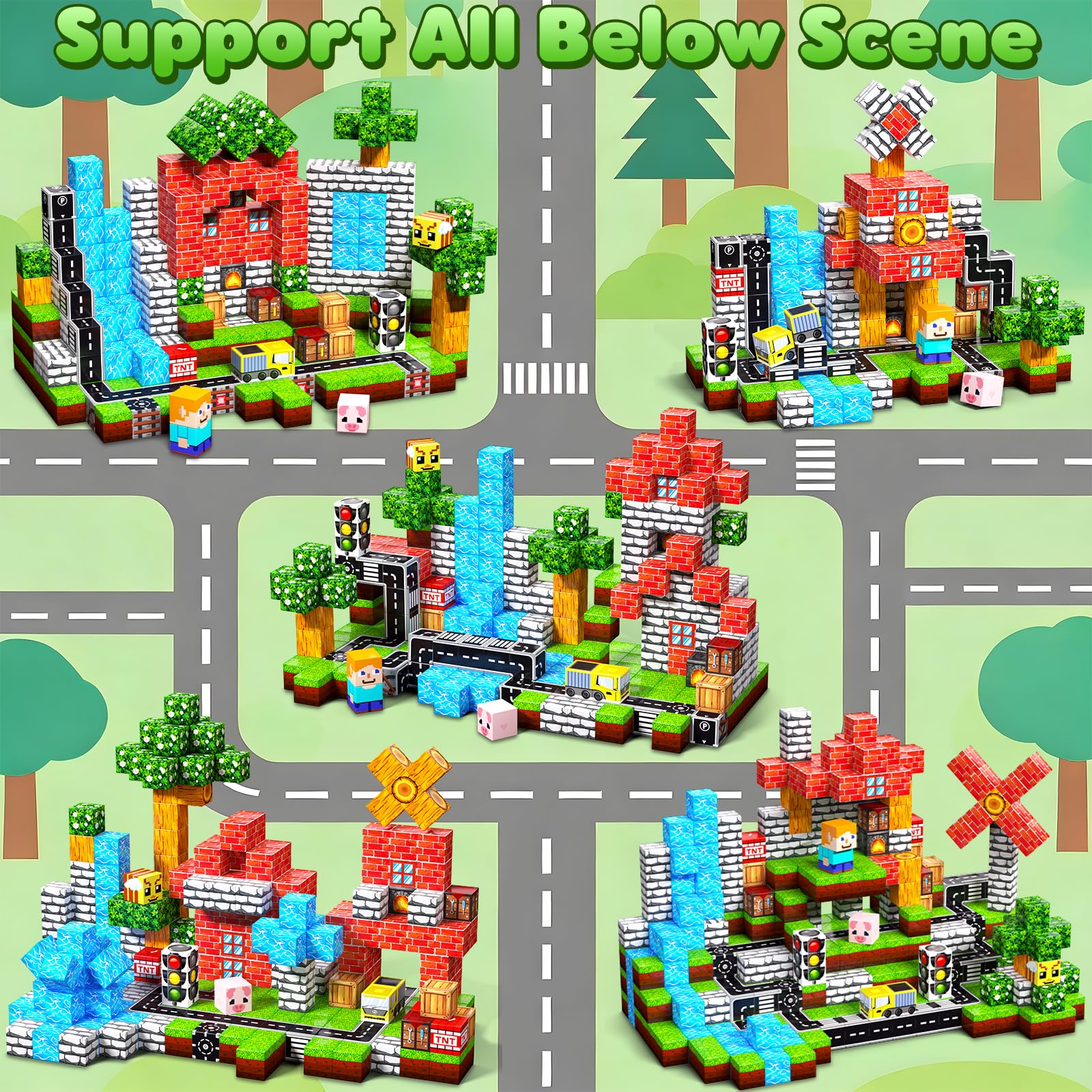 Magnetische Bausteine Bauspielzeug 100 Pcs Magnetbausteine für Kinder Montessori Kreative Spielzeug ab 3 4 5 6 7 8 9 10 Jahre Junge und Mädchen Magnetic Blocks Geschenke für Kinder （Wald）