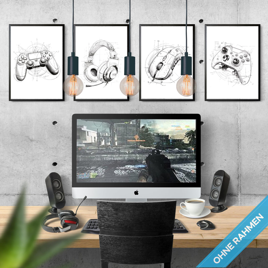 mojoliving Gaming Zimmer Deko Bilder | Poster Wand für Gamer Jugendzimmer | Set mit Neon Sign Motive | Coole Geschenke für Gamer | Zocker Bilder Wand | Neon Wandbild