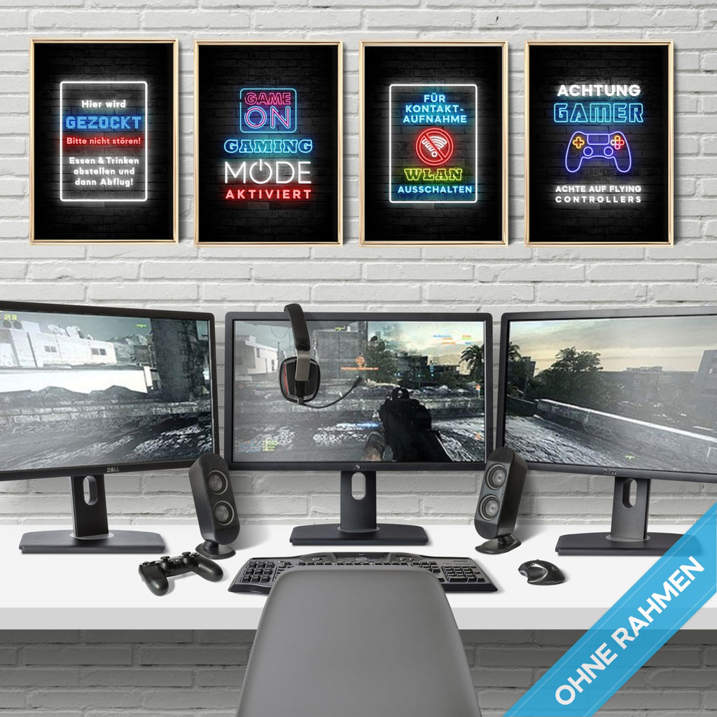 mojoliving Gaming Zimmer Deko Bilder | Poster Wand für Gamer Jugendzimmer | Set mit Neon Sign Motive | Coole Geschenke für Gamer | Zocker Bilder Wand | Neon Wandbild