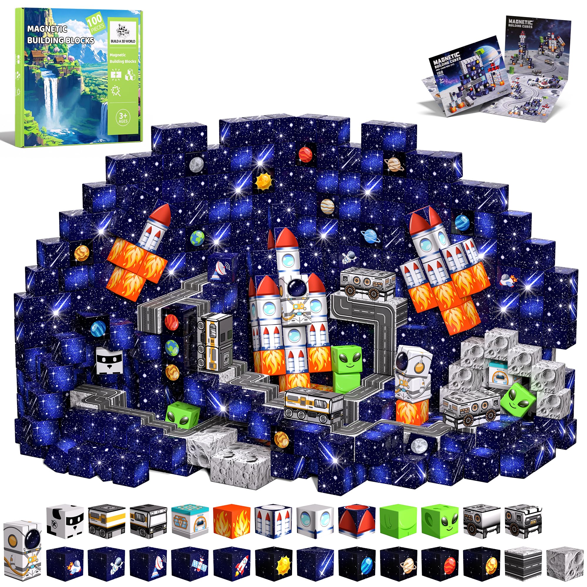 Magnetische Bausteine Bauspielzeug 100 Pcs Magnetbausteine für Kinder Montessori Kreative Spielzeug ab 3 4 5 6 7 8 9 10 Jahre Junge und Mädchen Magnetic Blocks Geschenke für Kinder （Wald）