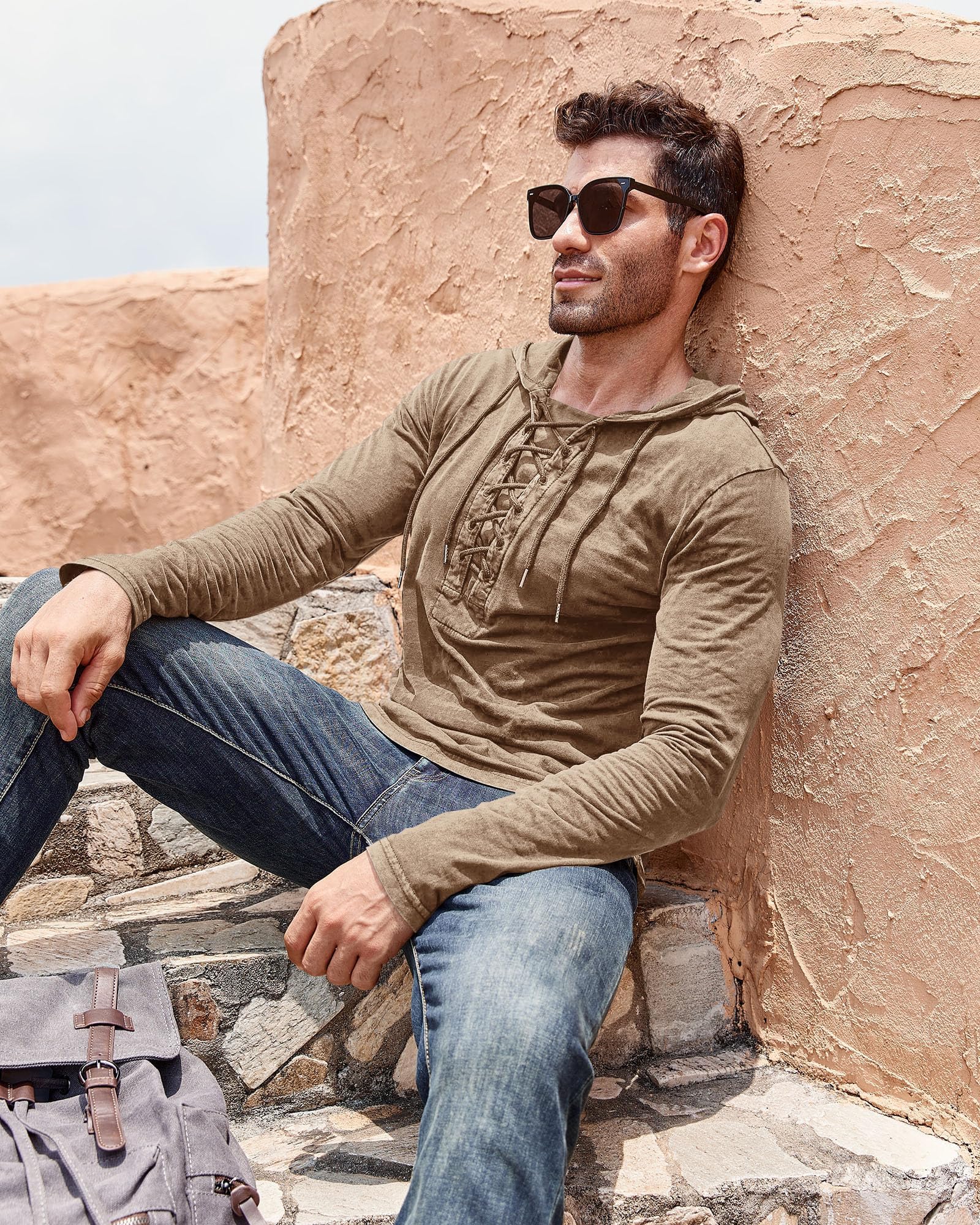 Beotyshow Herren Vintage Hoodie Langarm Shirt Männer Lace Up Hooded Langarmhemd Distressed Casual Outdoor Taktisch Pullover Hemd mit Kapuze