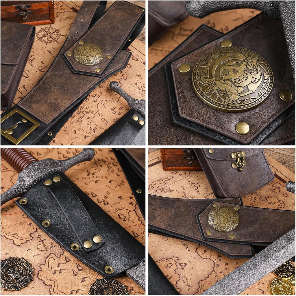 HiiFeuer 4Pcs Piratenkostüm für Herren mit Renaissance-Gürtel, mittelalterlicher Tasche, Attrappen-Dolch und Schwertscheide für Mittelalterfest und LARP