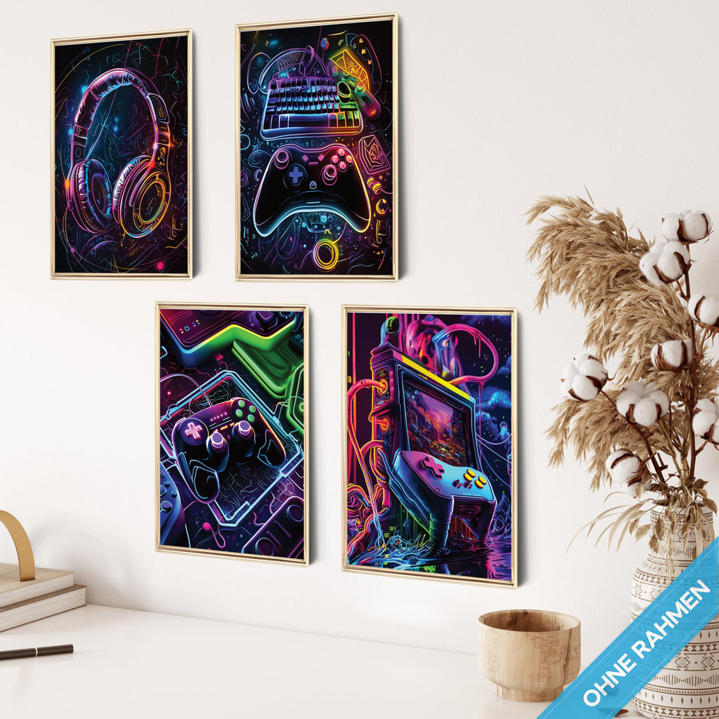 mojoliving Gaming Zimmer Deko Bilder | Poster Wand für Gamer Jugendzimmer | Set mit Neon Sign Motive | Coole Geschenke für Gamer | Zocker Bilder Wand | Neon Wandbild