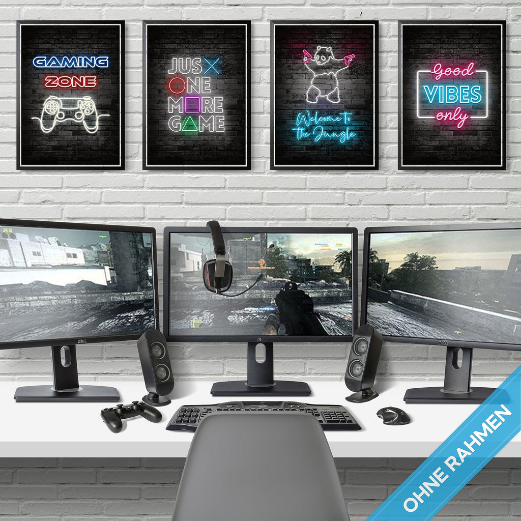 mojoliving Gaming Zimmer Deko Bilder | Poster Wand für Gamer Jugendzimmer | Set mit Neon Sign Motive | Coole Geschenke für Gamer | Zocker Bilder Wand | Neon Wandbild