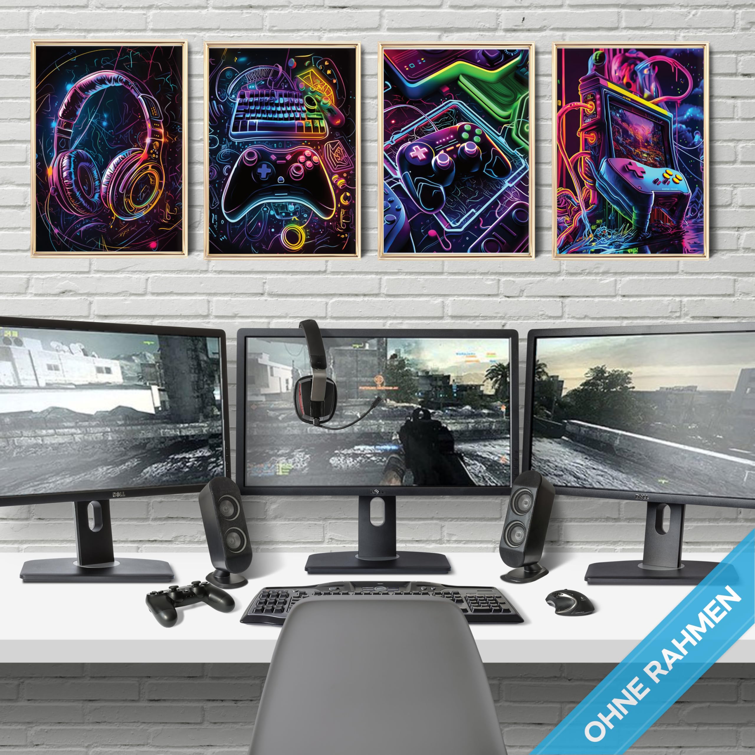 mojoliving Gaming Zimmer Deko Bilder | Poster Wand für Gamer Jugendzimmer | Set mit Neon Sign Motive | Coole Geschenke für Gamer | Zocker Bilder Wand | Neon Wandbild