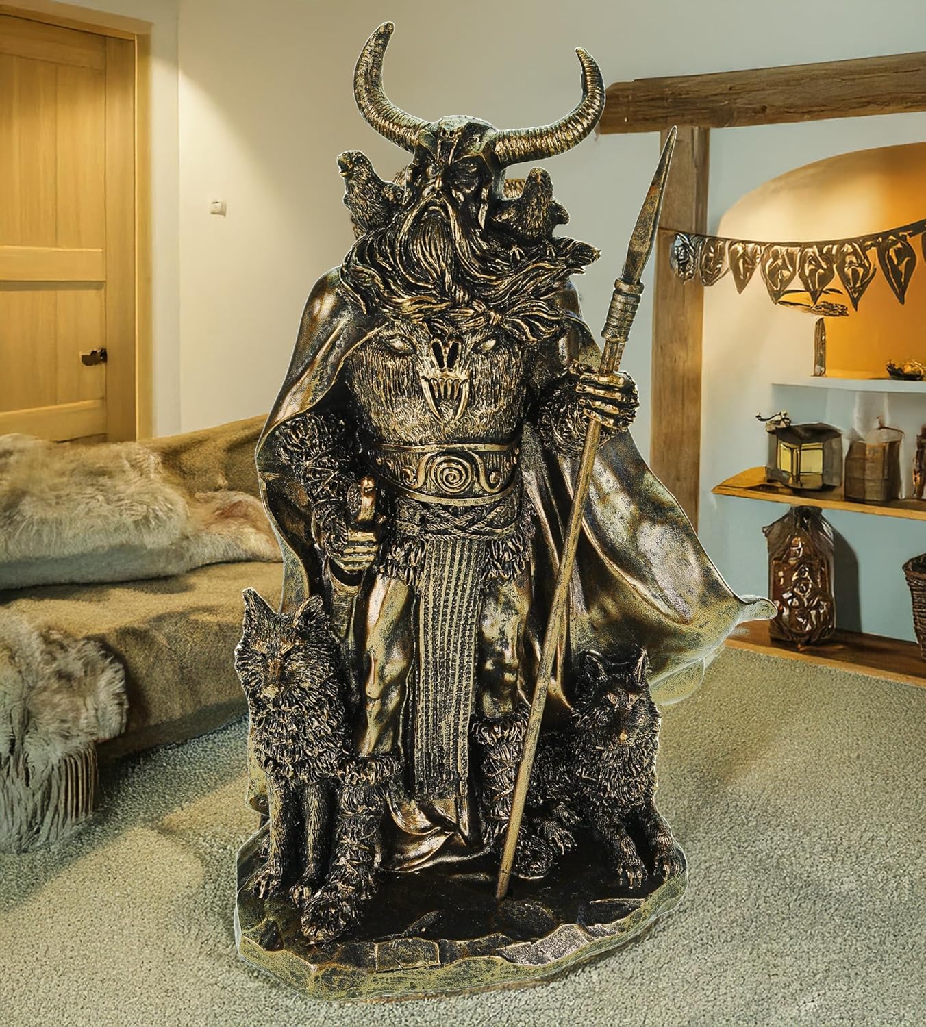 Kremers Schatzkiste Odin Figur mit Raben Hugin Munin und Wölfen Geri Freki 36cm Nordische Mythologie Dekofigur - Polyresin Götter Skulptur - Geschenk Wikinger Deko