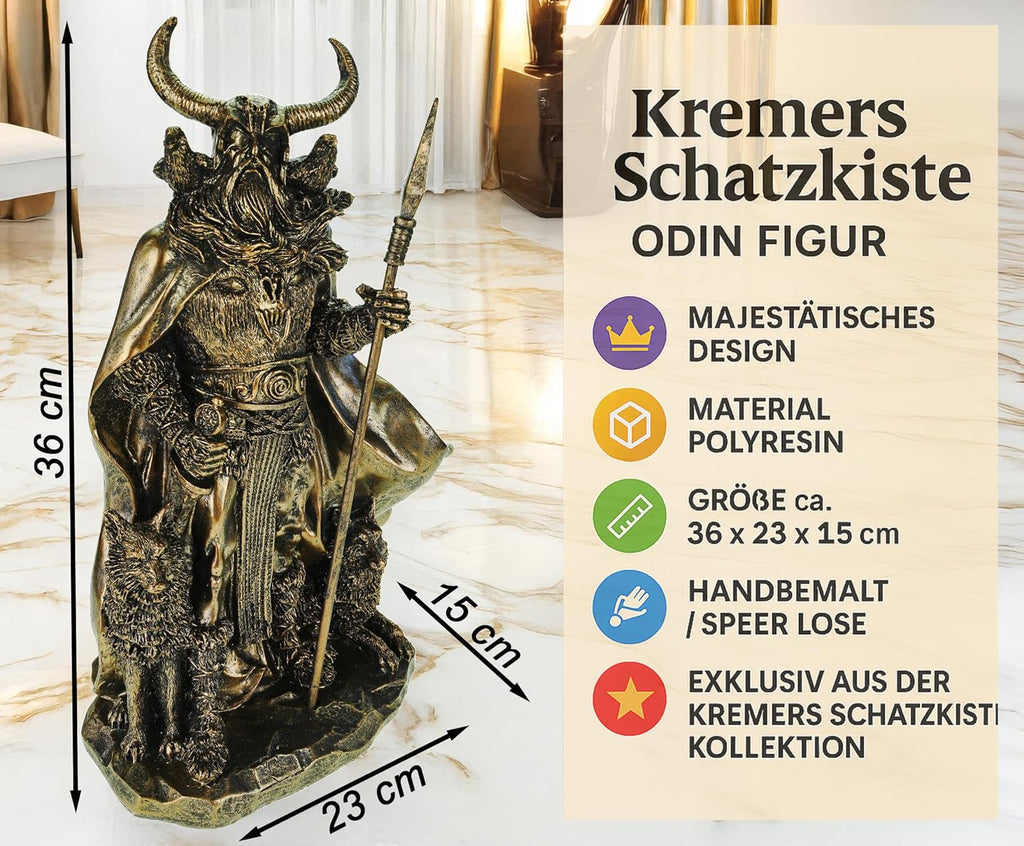Kremers Schatzkiste Odin Figur mit Raben Hugin Munin und Wölfen Geri Freki 36cm Nordische Mythologie Dekofigur - Polyresin Götter Skulptur - Geschenk Wikinger Deko