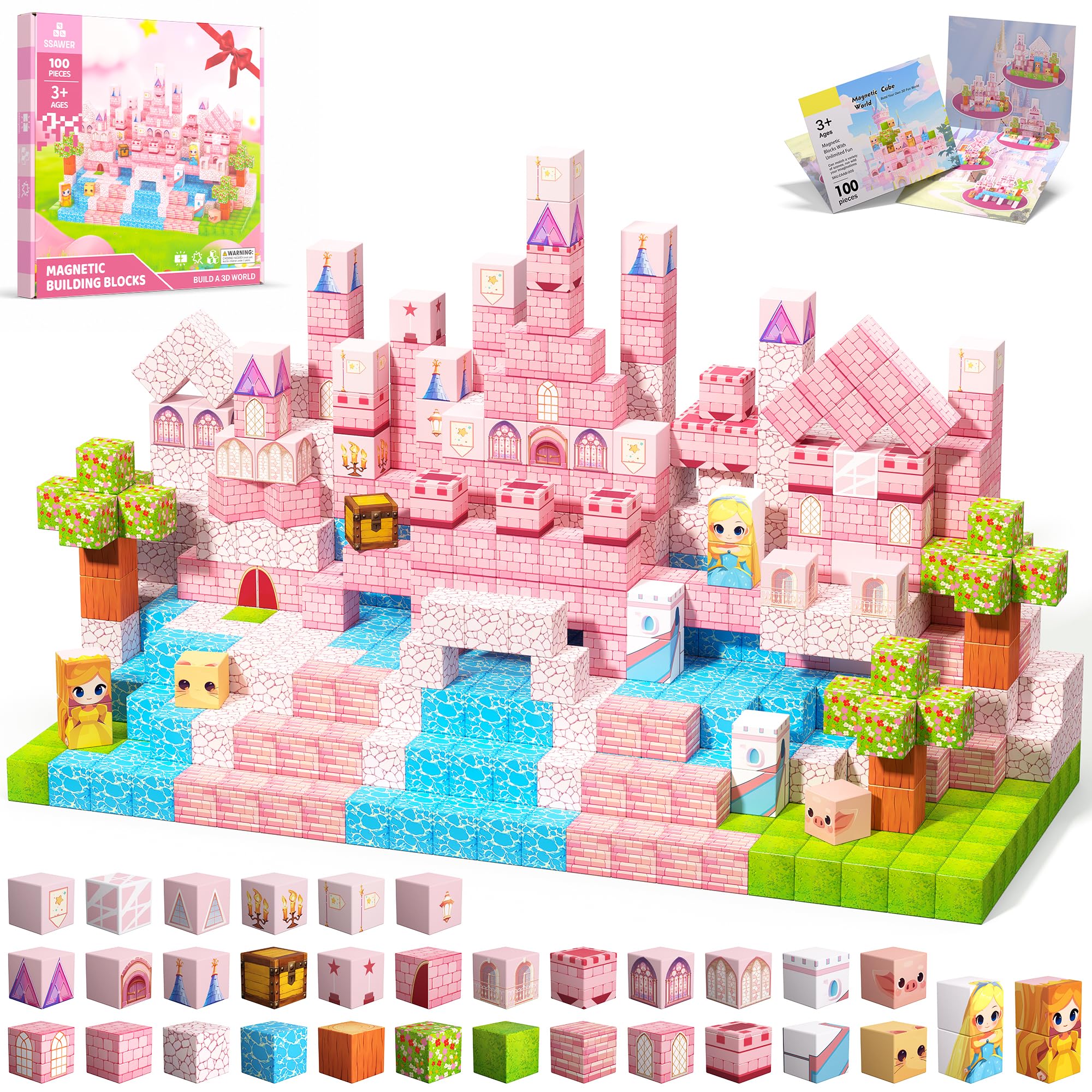 Magnetische Bausteine Bauspielzeug 100 Pcs Magnetbausteine für Kinder Montessori Kreative Spielzeug ab 3 4 5 6 7 8 9 10 Jahre Junge und Mädchen Magnetic Blocks Geschenke für Kinder （Wald）