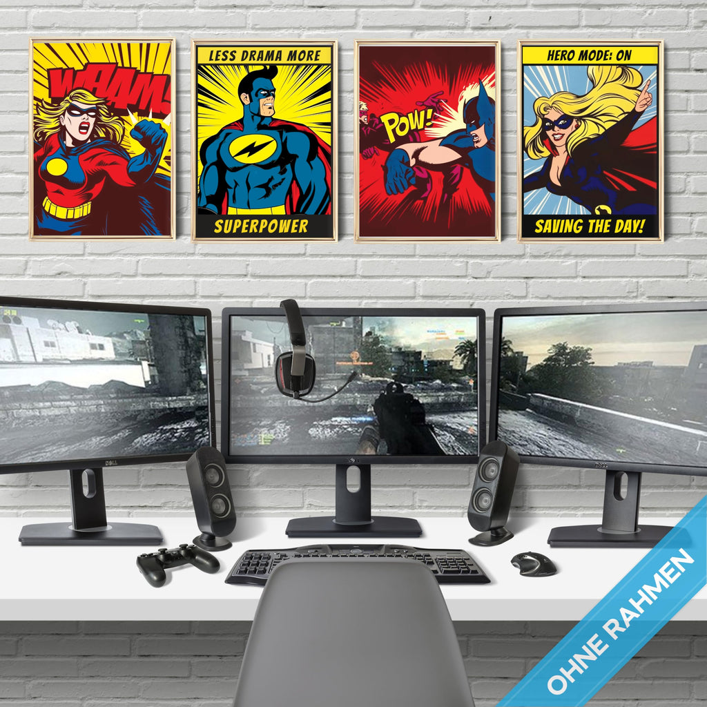 mojoliving Gaming Zimmer Deko Bilder | Poster Wand für Gamer Jugendzimmer | Set mit Neon Sign Motive | Coole Geschenke für Gamer | Zocker Bilder Wand | Neon Wandbild