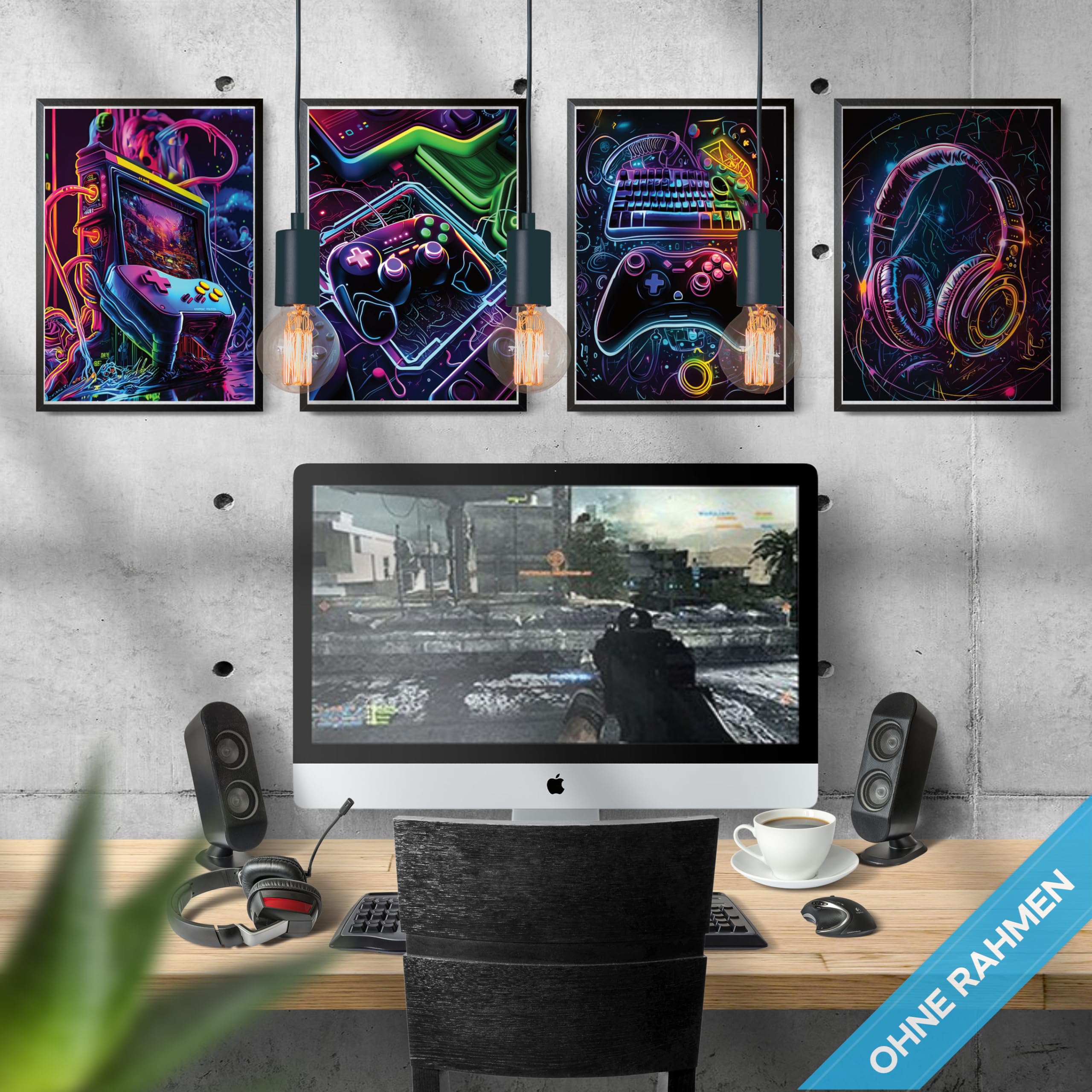 mojoliving Gaming Zimmer Deko Bilder | Poster Wand für Gamer Jugendzimmer | Set mit Neon Sign Motive | Coole Geschenke für Gamer | Zocker Bilder Wand | Neon Wandbild
