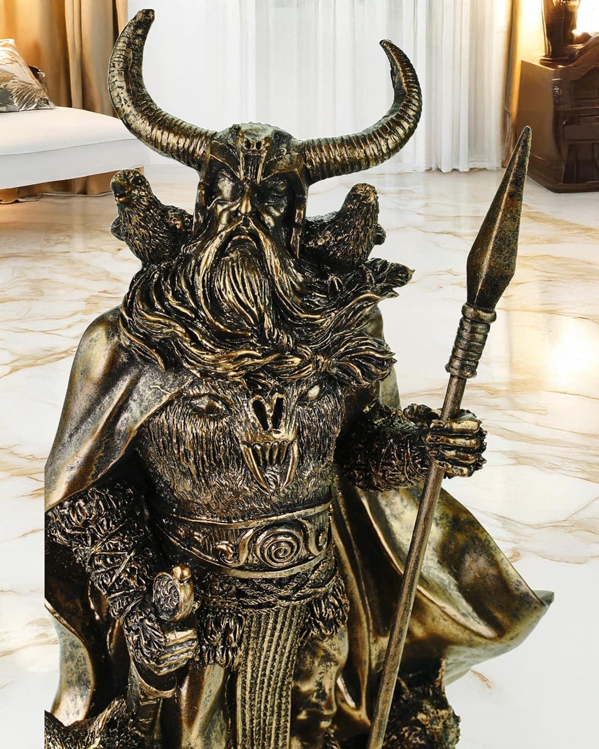 Kremers Schatzkiste Odin Figur mit Raben Hugin Munin und Wölfen Geri Freki 36cm Nordische Mythologie Dekofigur - Polyresin Götter Skulptur - Geschenk Wikinger Deko