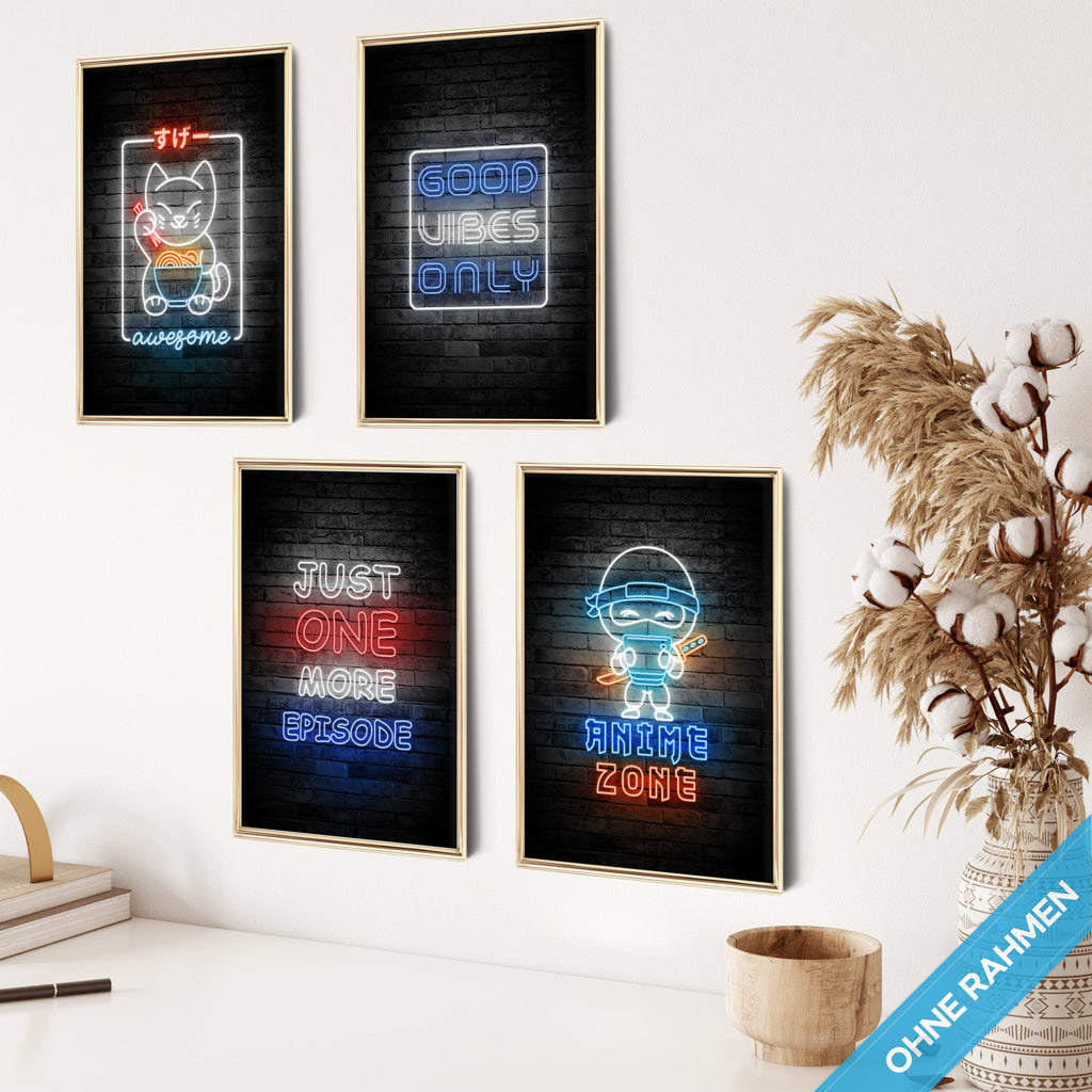 mojoliving Gaming Zimmer Deko Bilder | Poster Wand für Gamer Jugendzimmer | Set mit Neon Sign Motive | Coole Geschenke für Gamer | Zocker Bilder Wand | Neon Wandbild