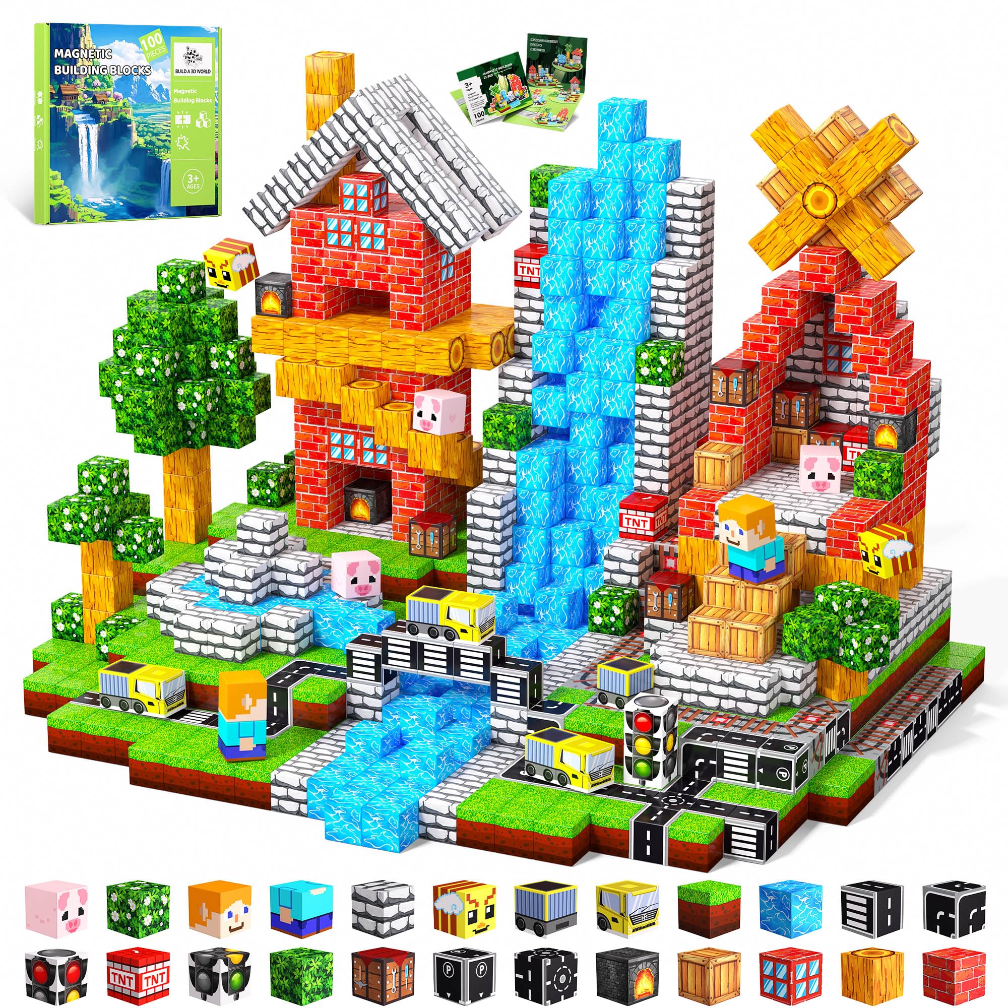 Magnetische Bausteine Bauspielzeug 100 Pcs Magnetbausteine für Kinder Montessori Kreative Spielzeug ab 3 4 5 6 7 8 9 10 Jahre Junge und Mädchen Magnetic Blocks Geschenke für Kinder （Wald）