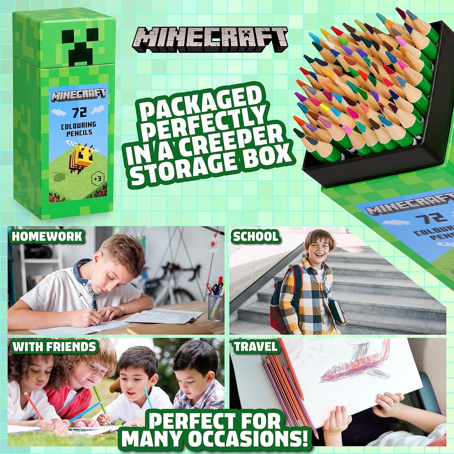 Minecraft Set von Farbstiften, Merchandise in Creeper Design Box, Geschenke Für Jungs & Mädchen, 72 Malstifte Pro Box