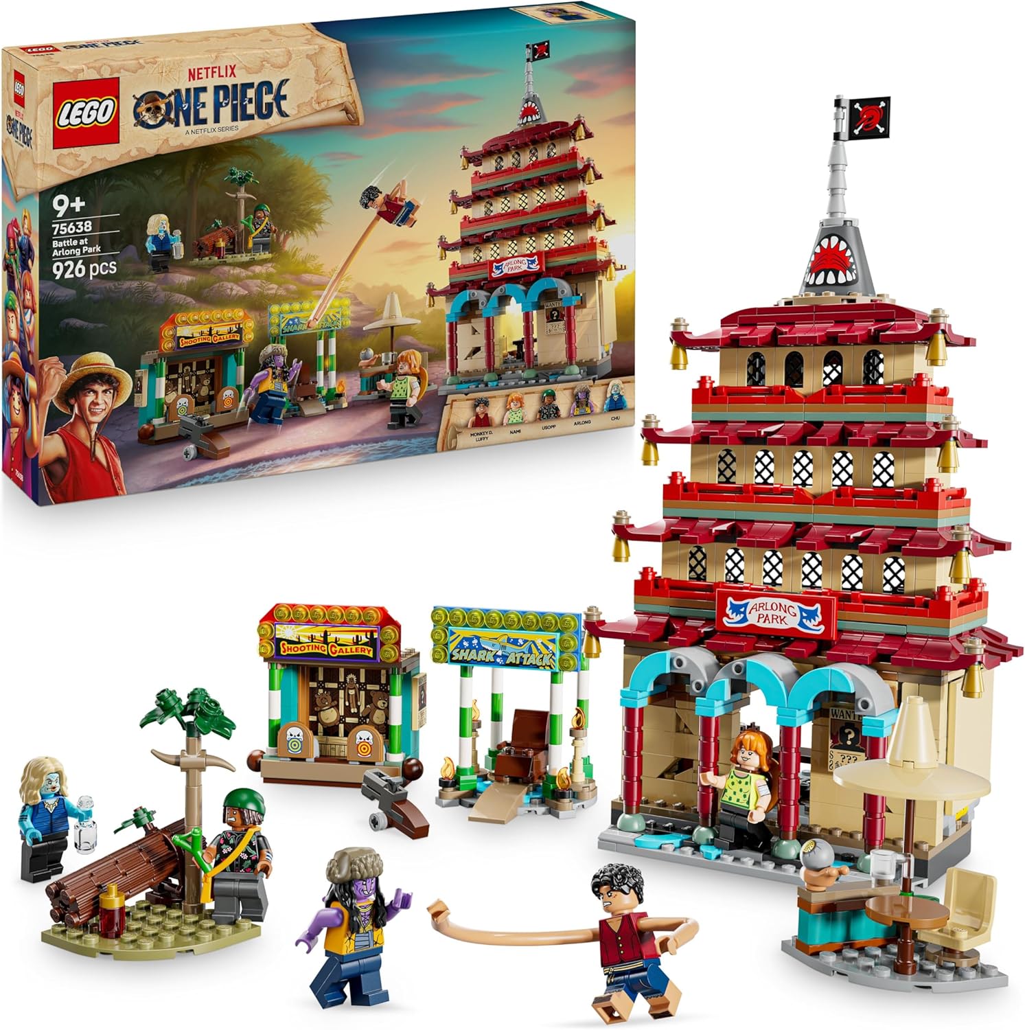 LEGO ONE PIECE - Showdown im Arlong Park - Interaktives Spielzeug mit 5 Minifiguren - Ruffy & Nami sowie Einer einstürzenden Pagode - Anime Geschenk für Jungen, Mädchen & Fans ab 9 Jahren - 75638