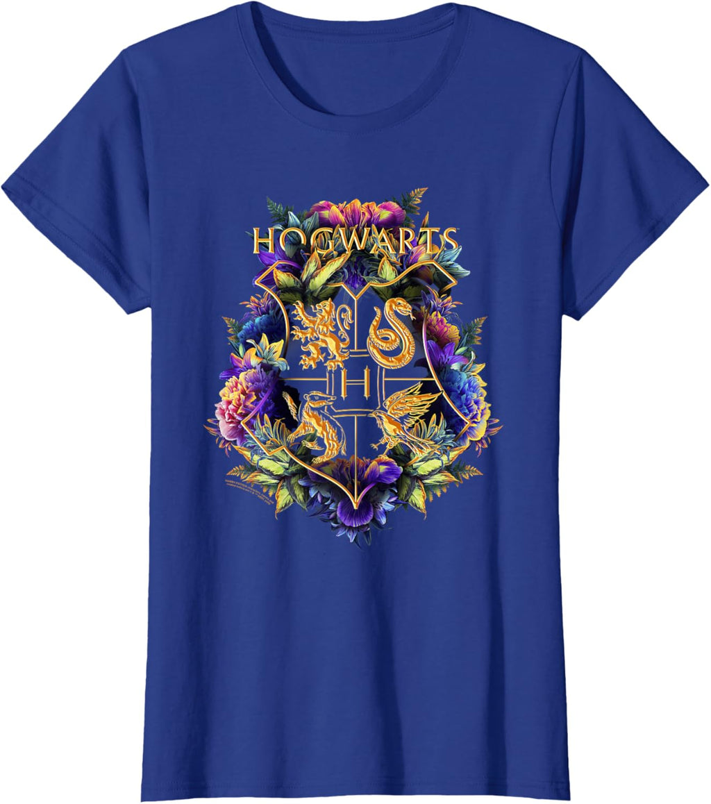 Harry Potter Hogwarts Multi-Colored Floral Crest T-Shirt