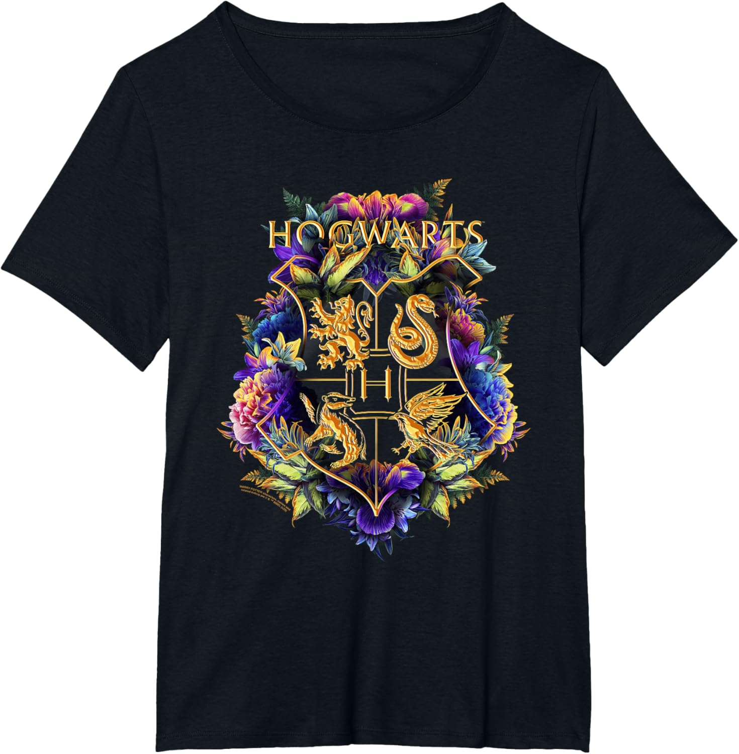 Harry Potter Hogwarts Multi-Colored Floral Crest T-Shirt