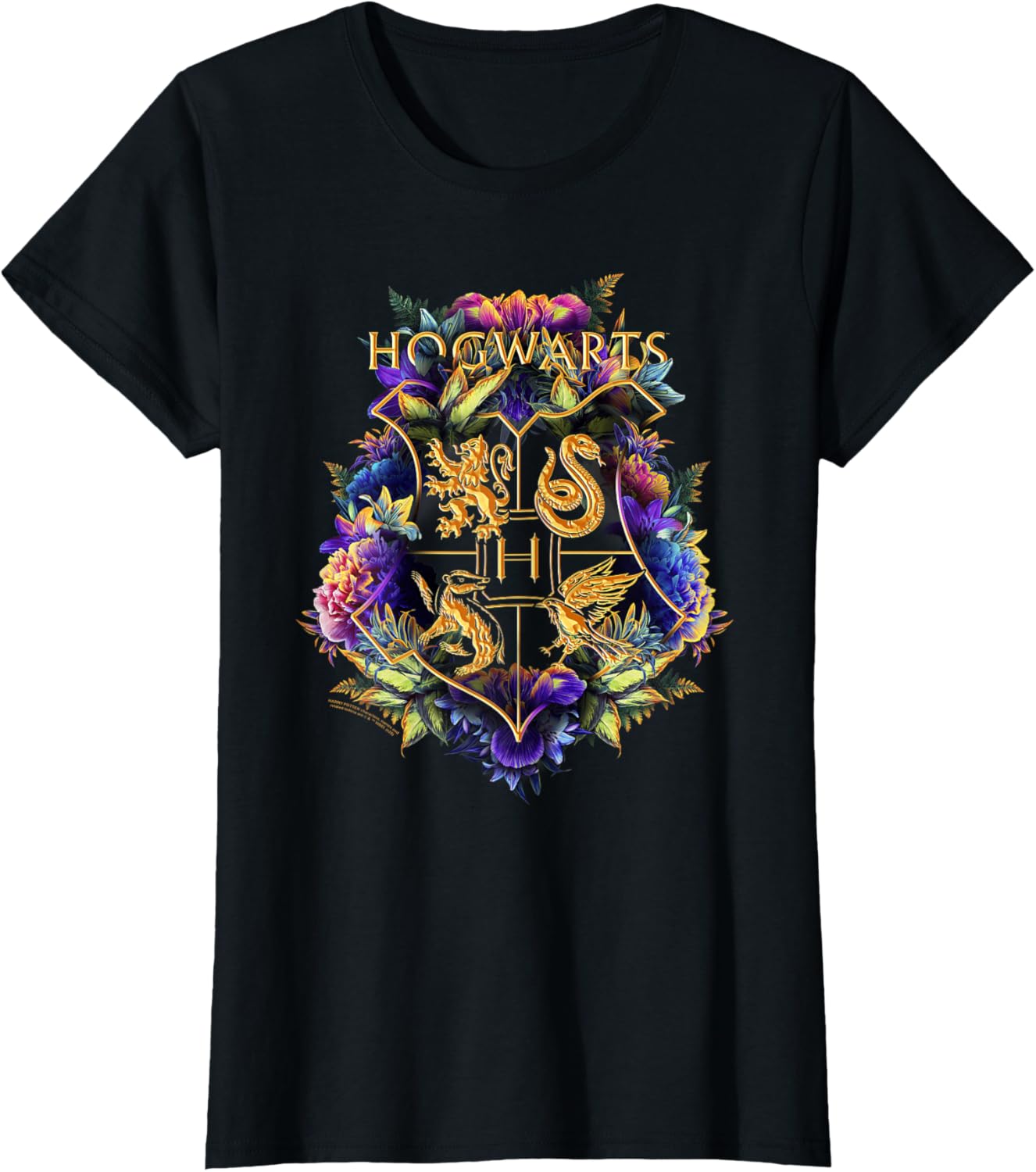 Harry Potter Hogwarts Multi-Colored Floral Crest T-Shirt