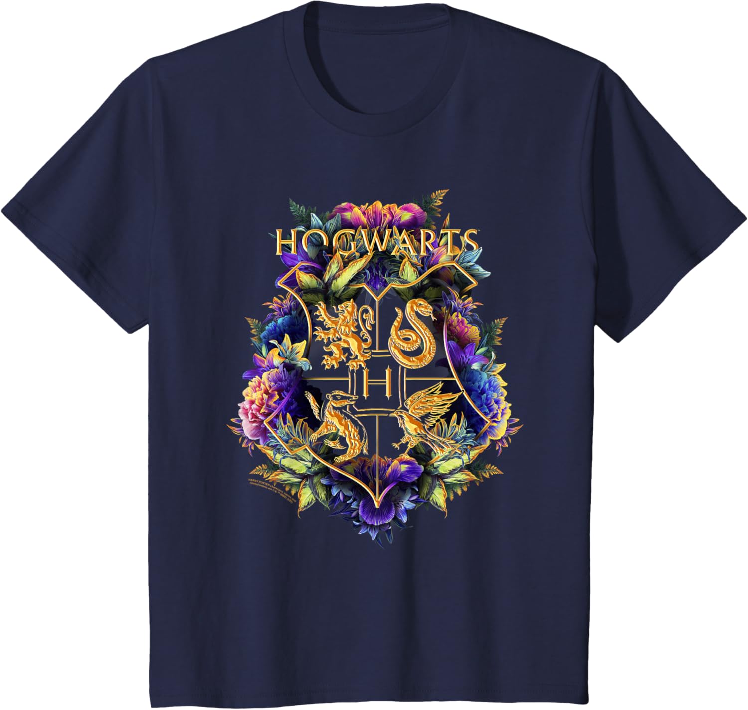 Harry Potter Hogwarts Multi-Colored Floral Crest T-Shirt