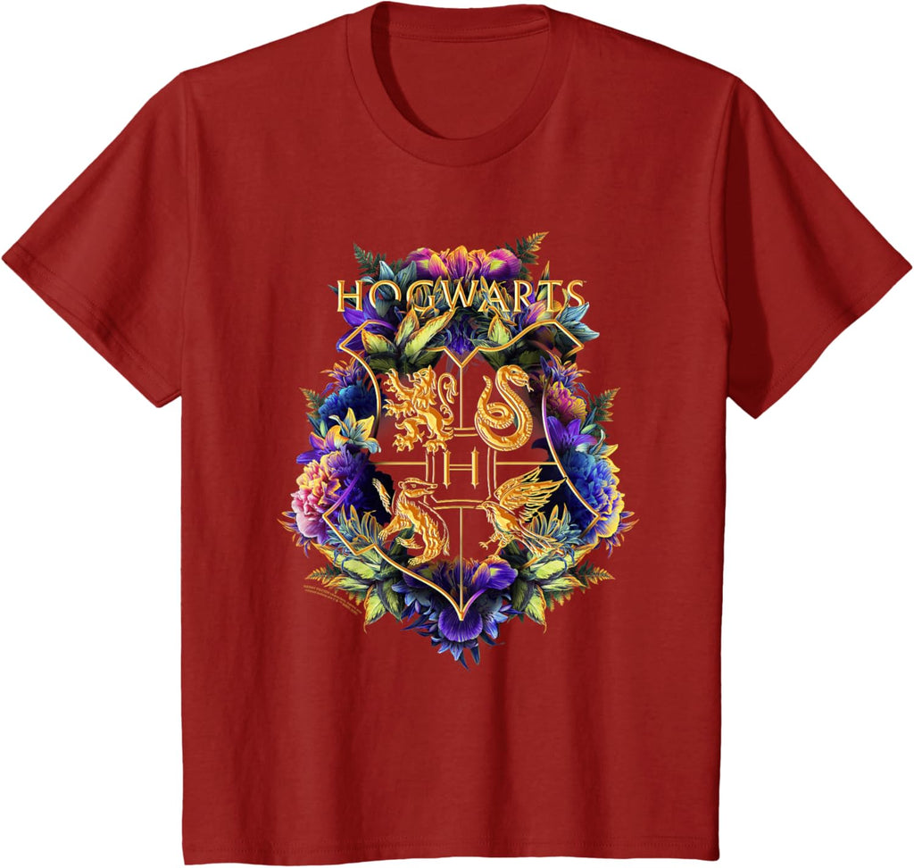 Harry Potter Hogwarts Multi-Colored Floral Crest T-Shirt